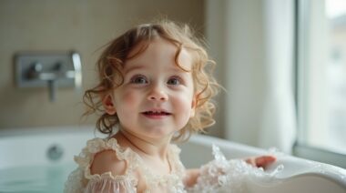 Kind planscht in bunter Schaum-Badewanne.