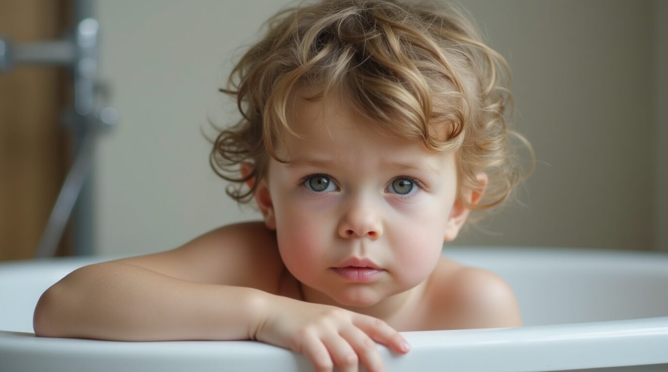 Kind mit juckender Kopfhaut wäscht sich die Haare mit einem milden Shampoo