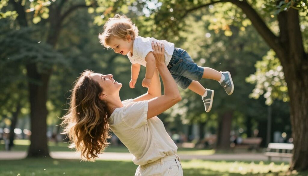 Mutter und Kind spielen sonnengeschützt im Partk