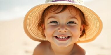 Kleinkind mit Sonnenhut und Sonnencreme am Strand spielend.