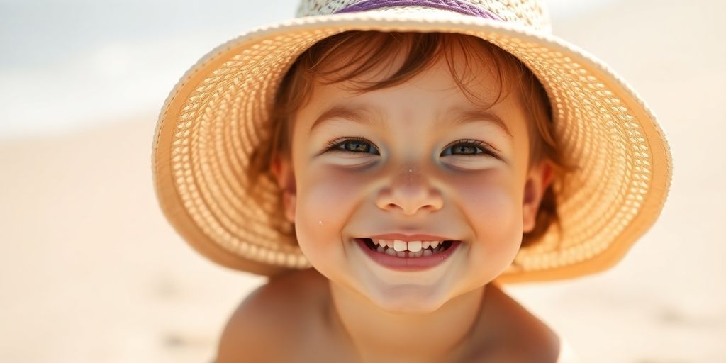 Kleinkind mit Sonnenhut und Sonnencreme am Strand spielend.