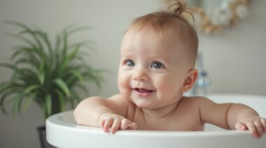Baby genießt entspanntes Bad in warmer Wanne