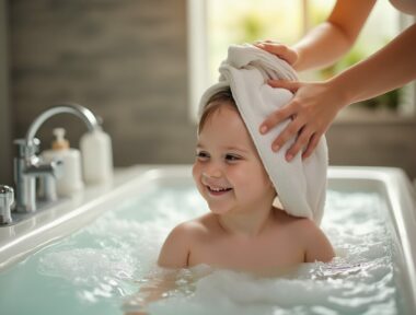 Mutter wäscht ihrem Kind sanft die Haare