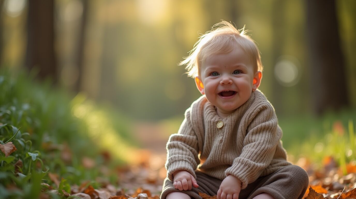 Baby mit geschützter Haut im herbstlichen Laub bei windigem Wetter